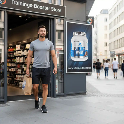 Muskulöser Mann mit Einkaufstüte vor Trainings-Booster Store und Pure ISO Whey Werbung
