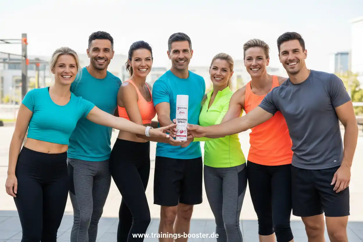 Gruppe in Sportkleidung hält Kochspray für Fitness und Ernährung