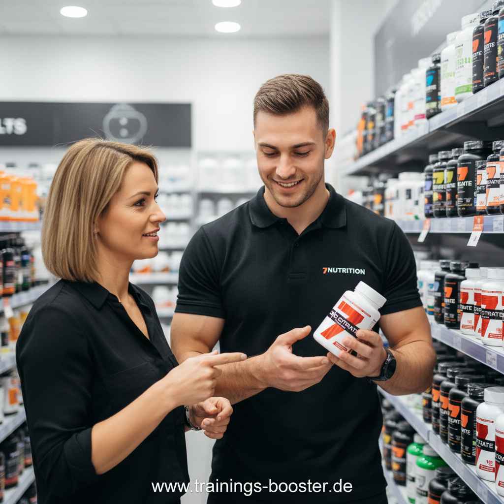 Mann und Frau betrachten Sportnahrung im Fitnessshop, Protein-Booster und Nahrungsergänzungsmittel