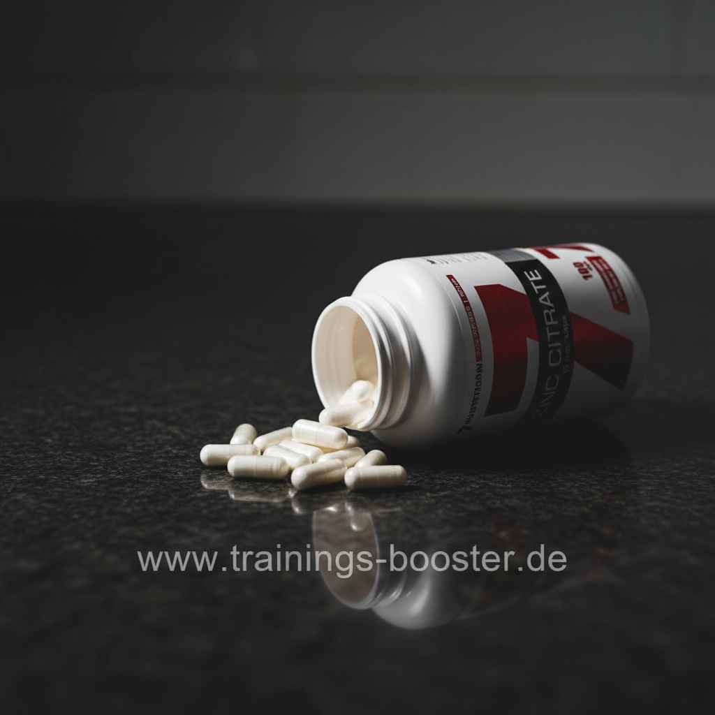 Zitrat-Kapseln aus Flasche auf dunkler Oberfläche – Sportnahrung & Booster