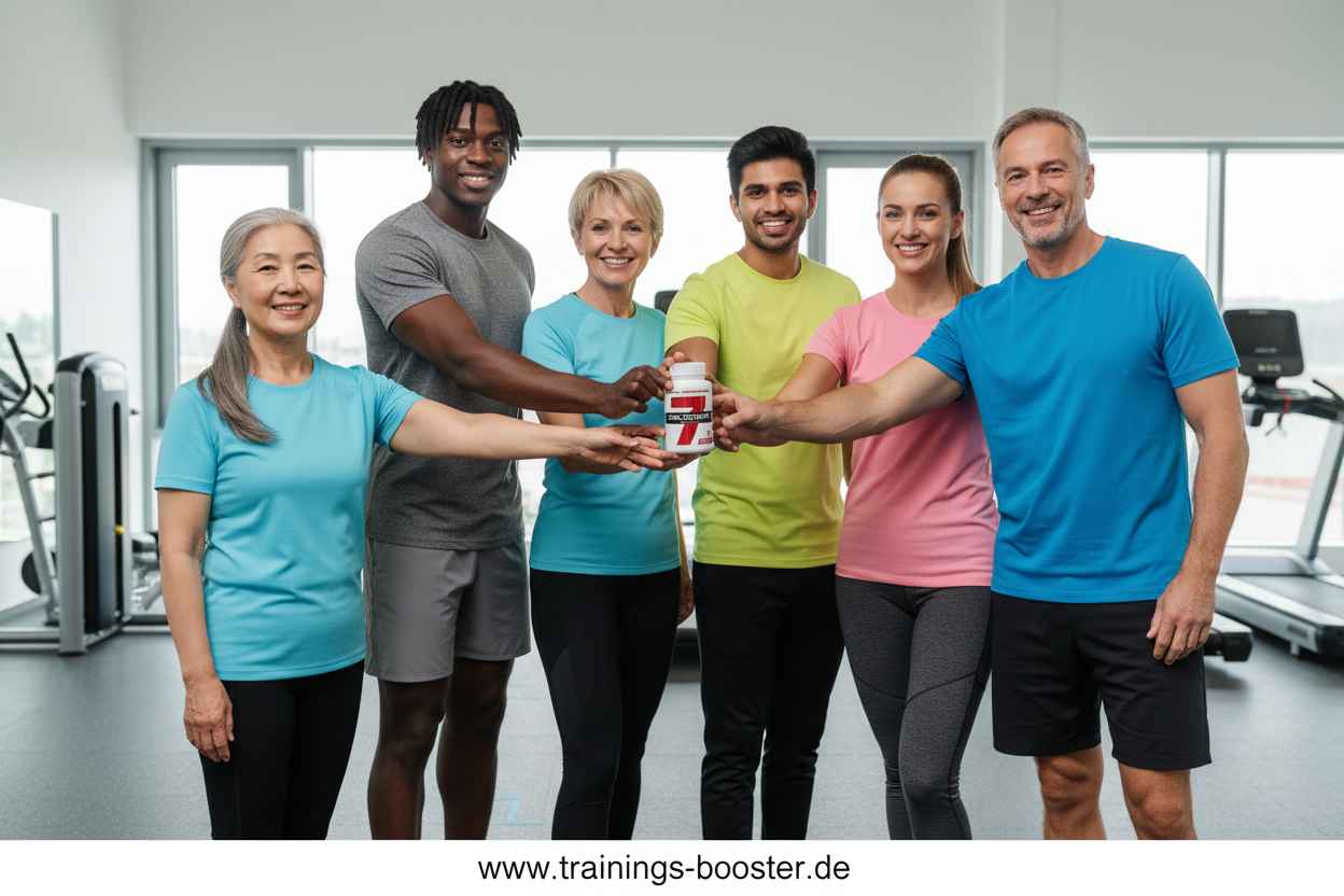 Gruppe mit Sportnahrung-Booster im Fitnessstudio, ideal für Training und Fitness
