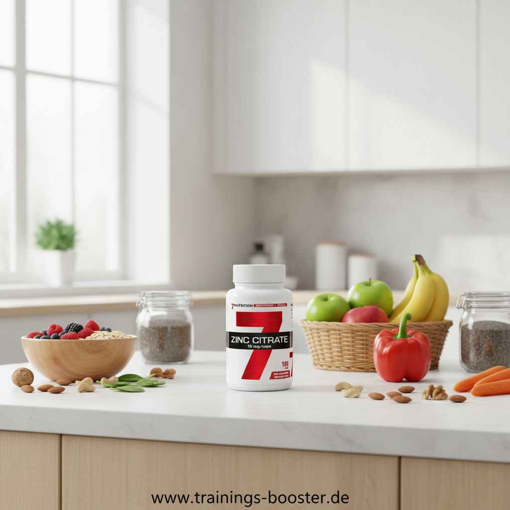 Zink Citrat Kapseln auf Küchenarbeitsplatte mit Obst, Nüssen und Gemüse für gesunde Ernährung und Sportnahrung