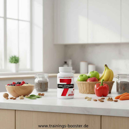 Zink Citrat Kapseln auf Küchenarbeitsplatte mit Obst, Nüssen und Gemüse für gesunde Ernährung und Sportnahrung