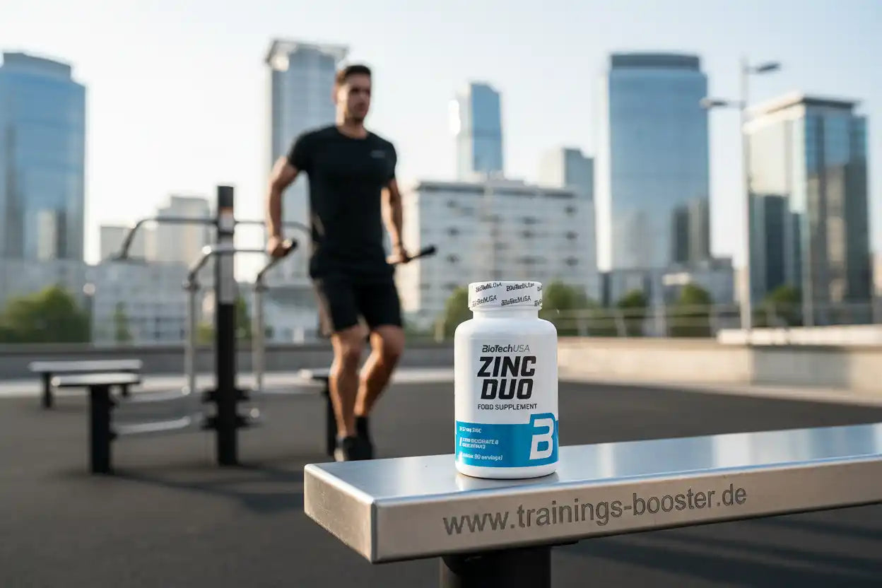 Zinc Duo Nahrungsergänzungsmittel von BioTechUSA auf Bank vor städtischem Fitnessbereich mit Läufer im Hintergrund